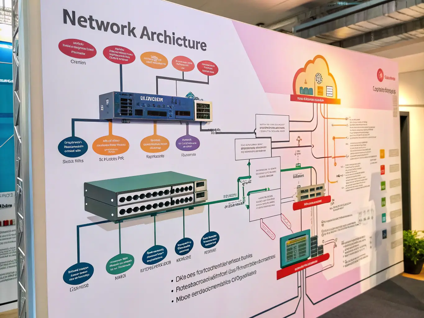 An image of a network diagram with various devices connected, highlighting network security concepts and protocols.