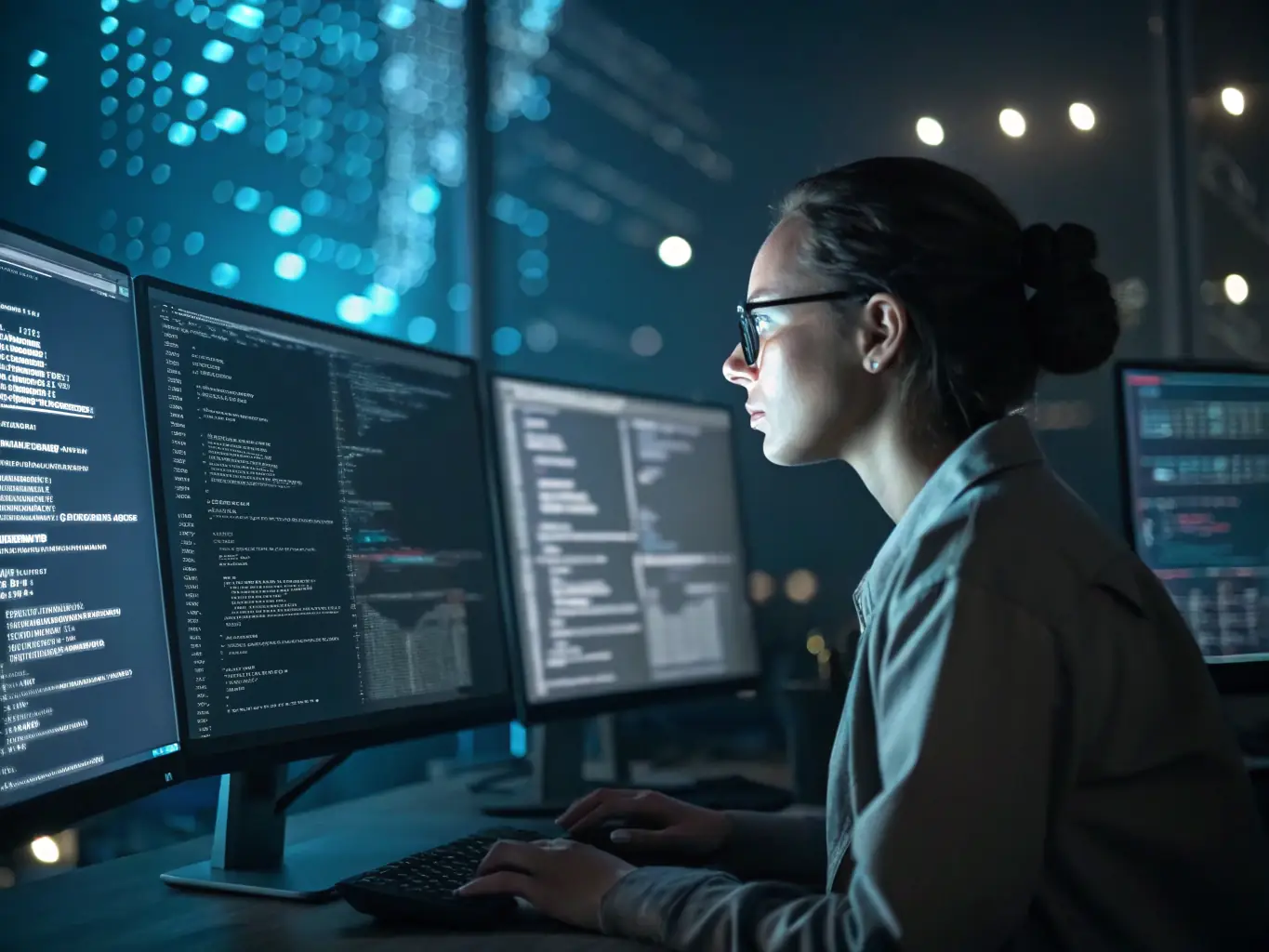 A digital illustration of a person working at a computer, surrounded by code and security icons, representing ethical hacking training.