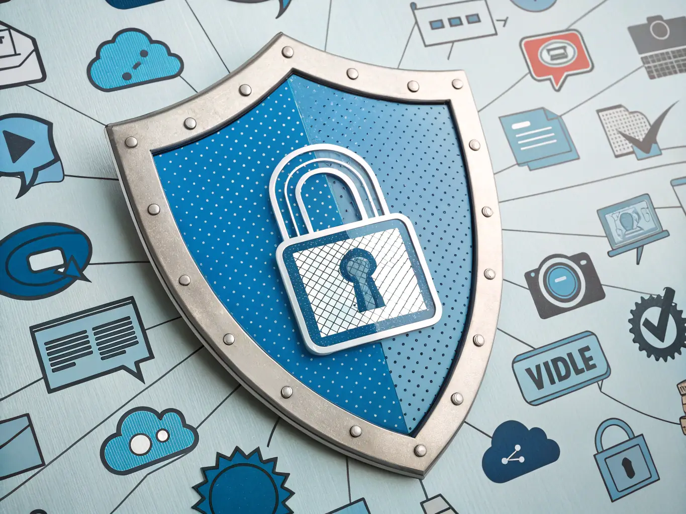 A graphic depicting a shield with a lock inside, symbolizing data protection and cybersecurity measures.
